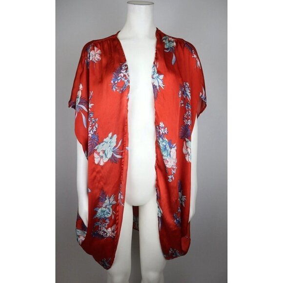 TIME AND TRU - WOMEN'S ORANGE FLORAL PRINT SILKY TEXTURED TOP - - Picture 2 of 8